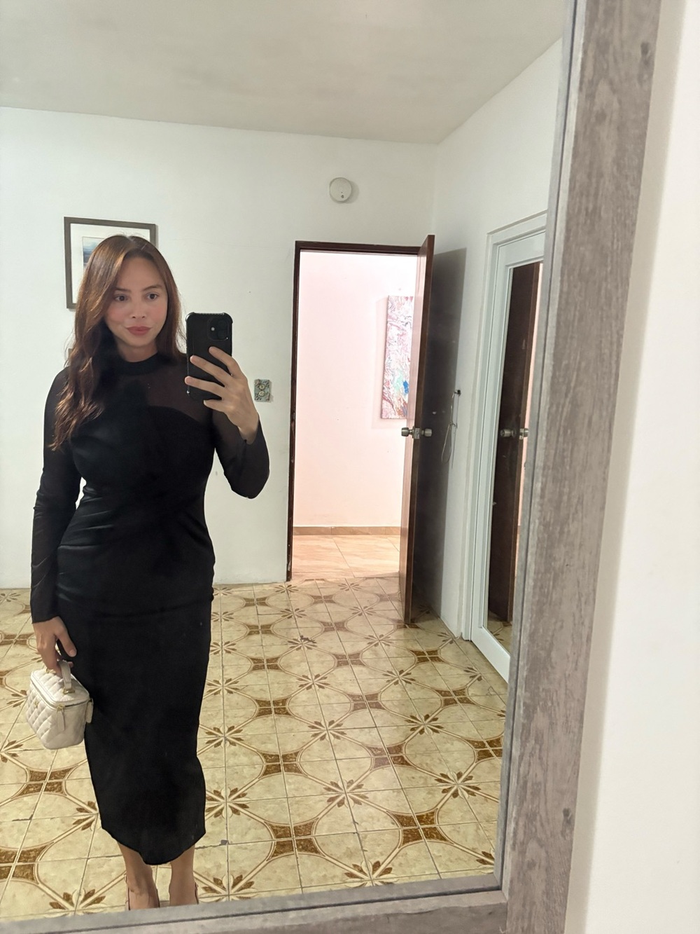 Elegant Black Sheer-Panel Midi Dress